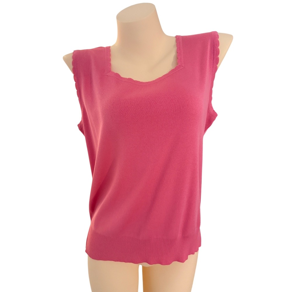 Misook Petite L Barbie Pink Scalloped Trim Knit Tank Top Sleeveless Shell